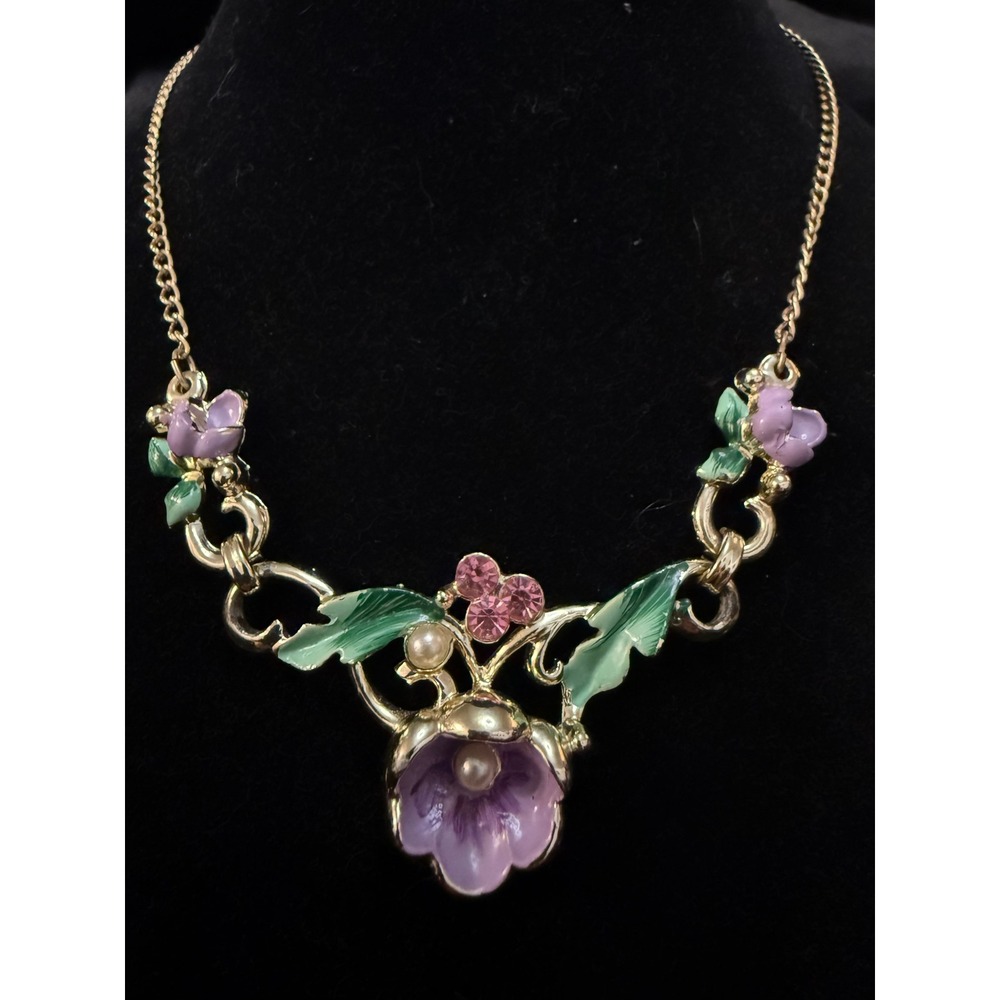 Vintage Style Floral Enamel Bib Necklace Purple Gold Tone Pearl Rhinestone 16in